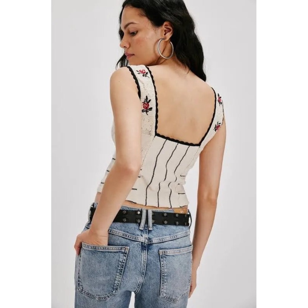 Free‎ People Rose Embroidered Corset Knit Top Ivory Combo OB2097326 Large NEW - Picture 3 of 5